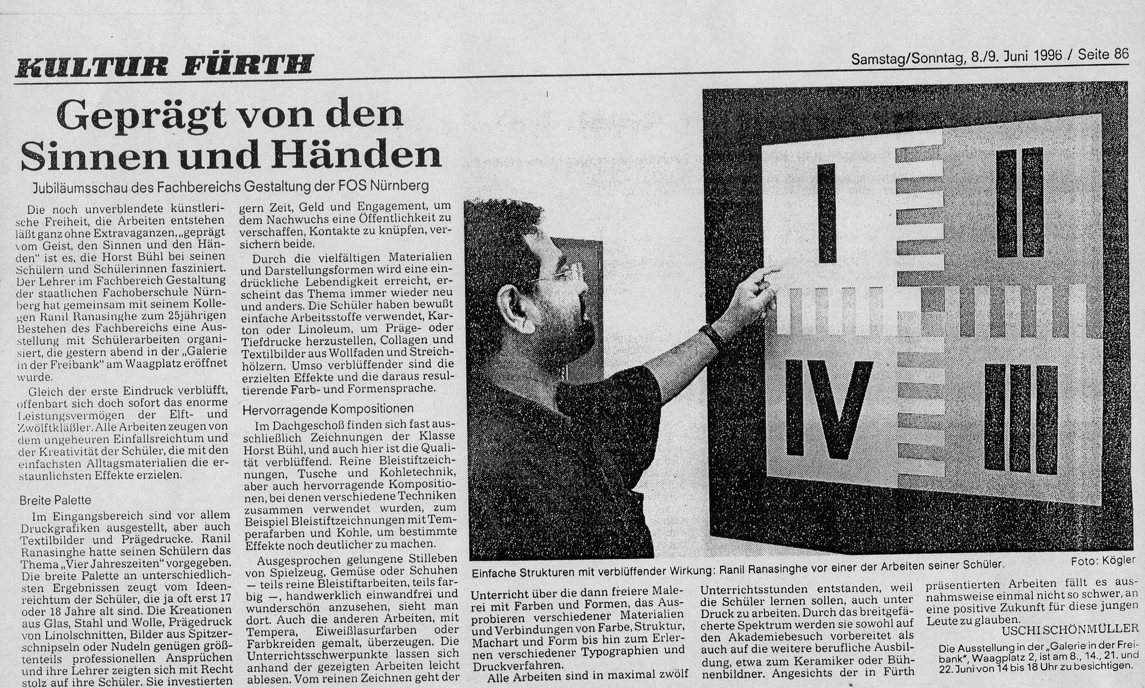 Zeitungsausschnitt: Fürther Nachrichten, Samstag/Sonntag, 8./9. Juni 1996, Seite 86, Geprägt von den Sinnen und Händen